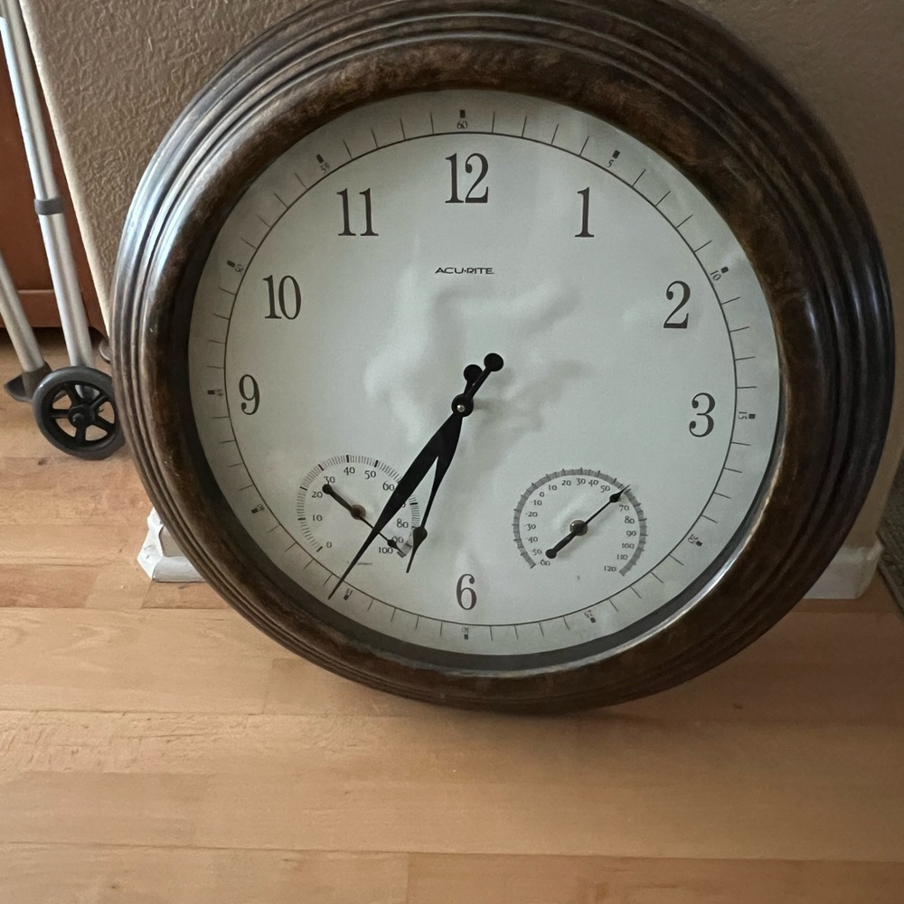 Brown Wall Clock with Thermometer and Hygrometer